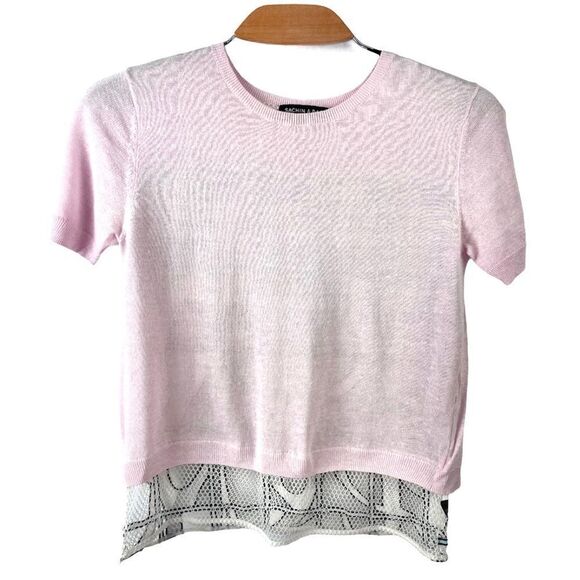 Sachin + Babi Pink Linen Short Sleeve Sweater w/ Mesh Patterned Back Size XS - Picture 2 of 7
